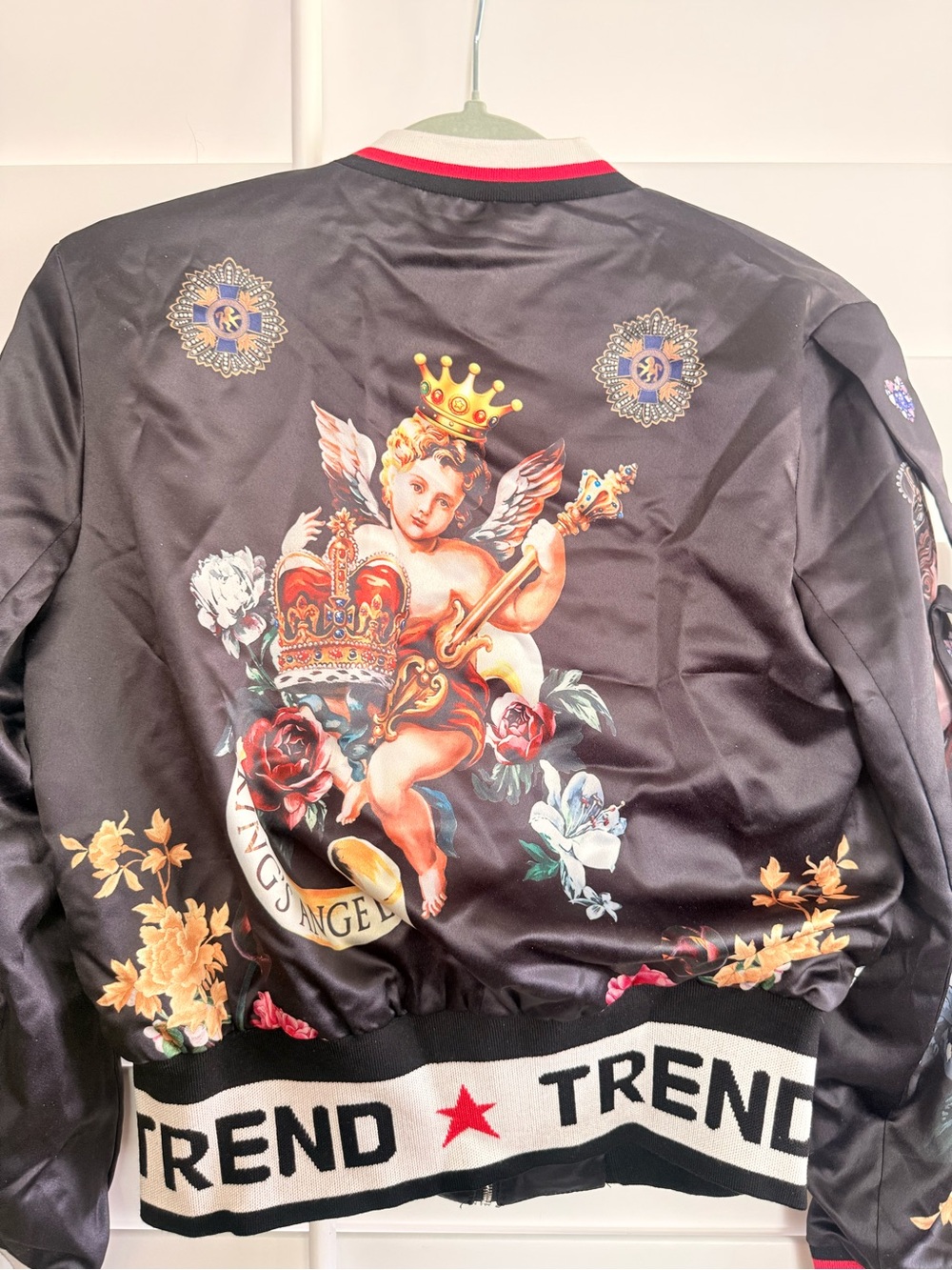 Black Cherub Print Bomber Jacket -